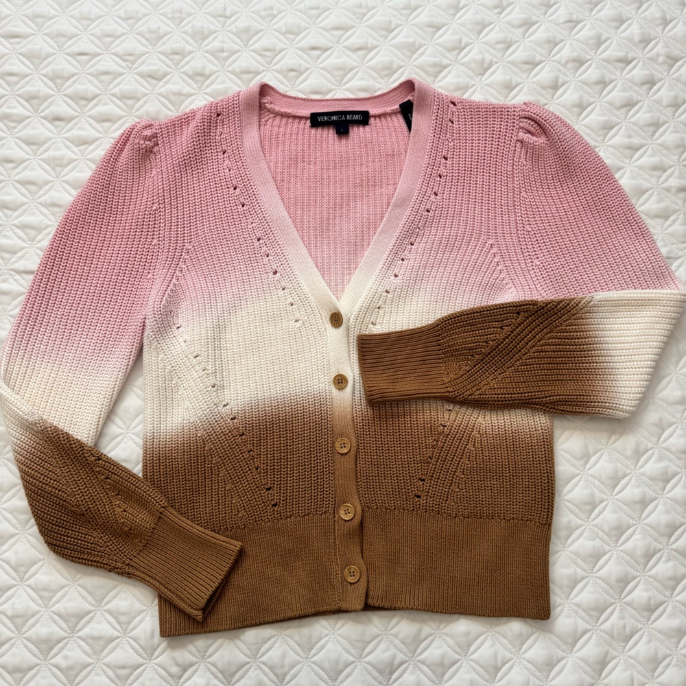 Veronica Beard Parula Dip Dye Cotton Pink Cream Tan Cardigan Sweater Size Small